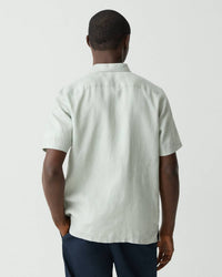 Theory Irving Short-sleeve Relaxed Linen Shirt in light greenstone - men's t-shirt - detail view