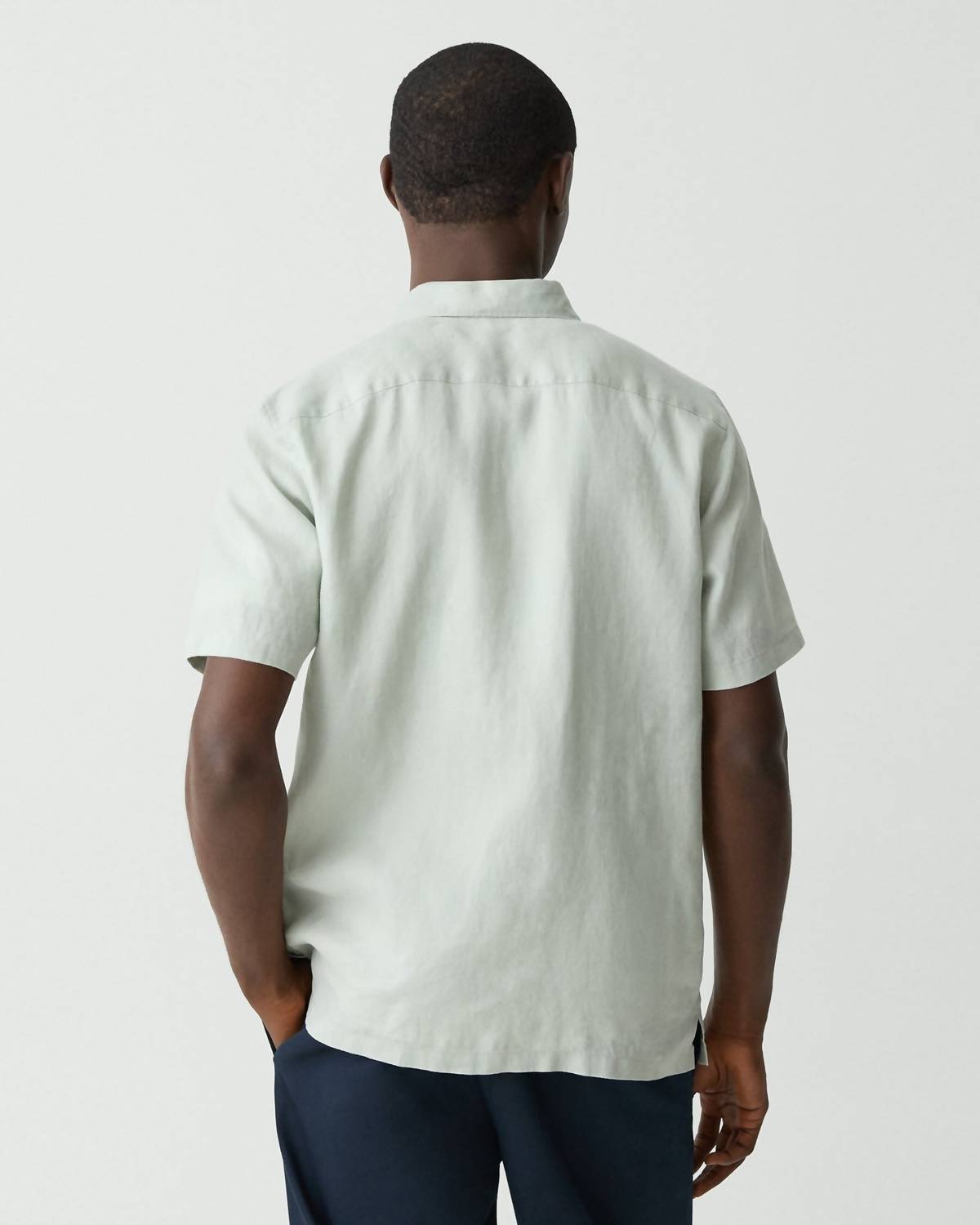 Theory Irving Short-sleeve Relaxed Linen Shirt in light greenstone - men's t-shirt - detail view
