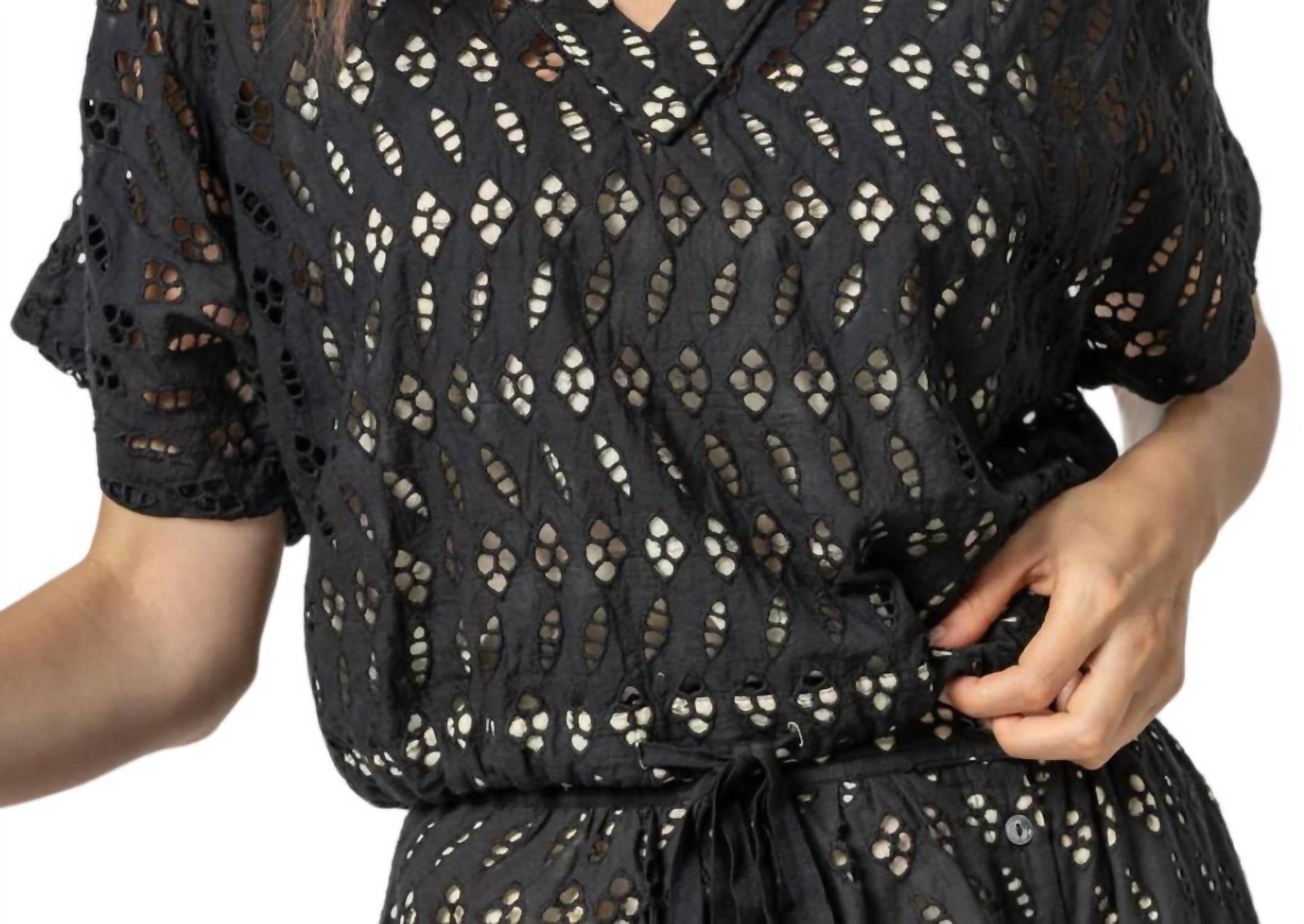 Lilla P Women's Eyelet Drawstring Dolman V Neck Blouse in black - women's blouse
