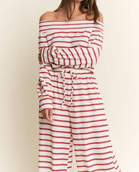 Jade By Jane - Off-shoulder Terry Striped Relaxed Fit Jumpsuit