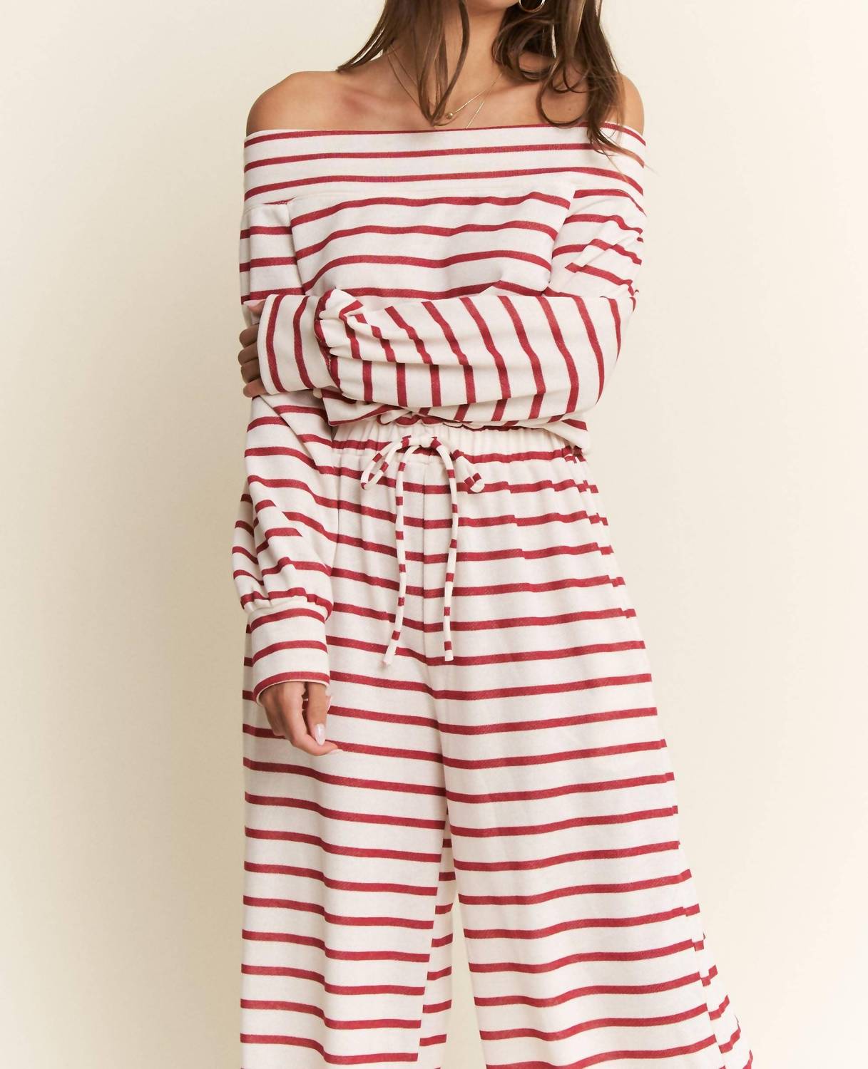 Jade By Jane - Off-shoulder Terry Striped Relaxed Fit Jumpsuit