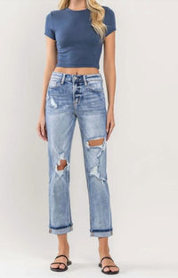 VERVET BY FLYING MONKEY High Rise Cuffed Distressed Paint Boyfriend Jeans in blue - women's jeans