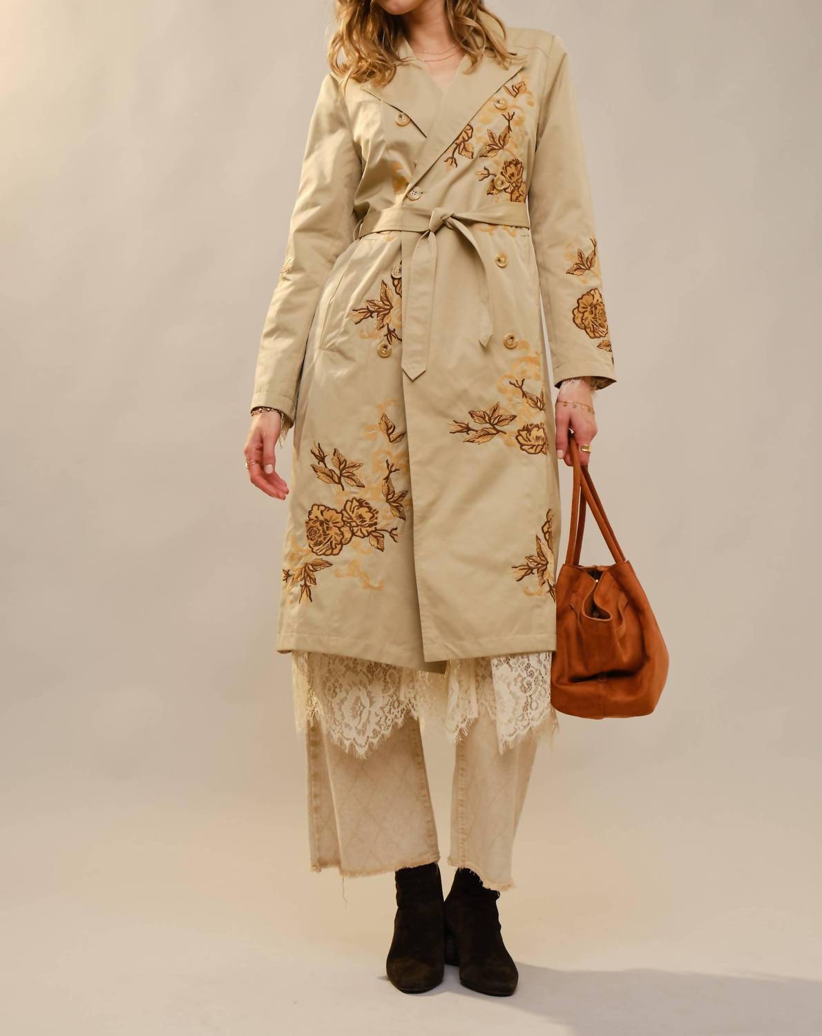Blue B - Women's Floral Embroidered Double Breasted Belted Trench Coat