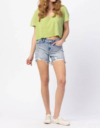 Judy Blue - Mid Rise Rainbow Paint Splash Cutoff Destroyed Shorts