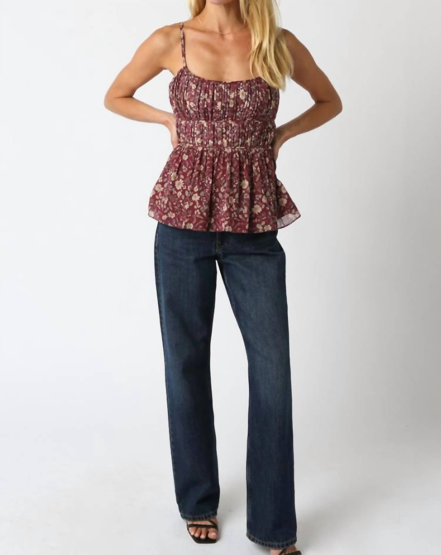 Olivaceous - Floral Pleated Top