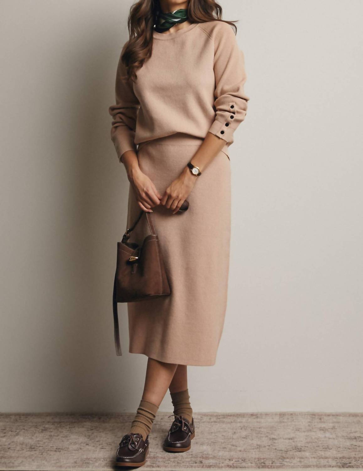 Forte - Ribbed Cuff Sweater & Midi Skirt Knit Set