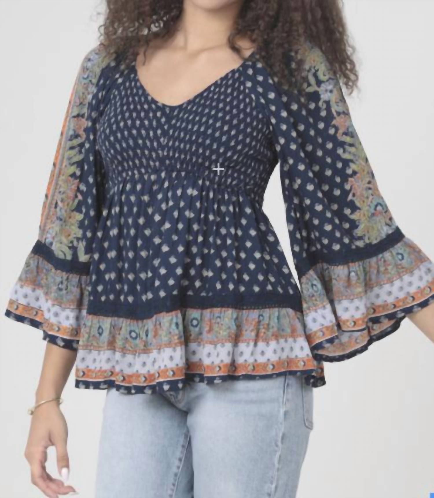 Angie - VNeck Smocked Print Top
