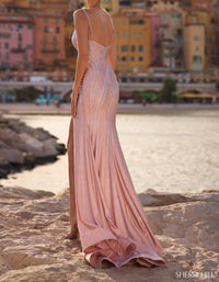 Sherri Hill Fitted Hot Fix Gown in champagne silver - women's dress - detail view