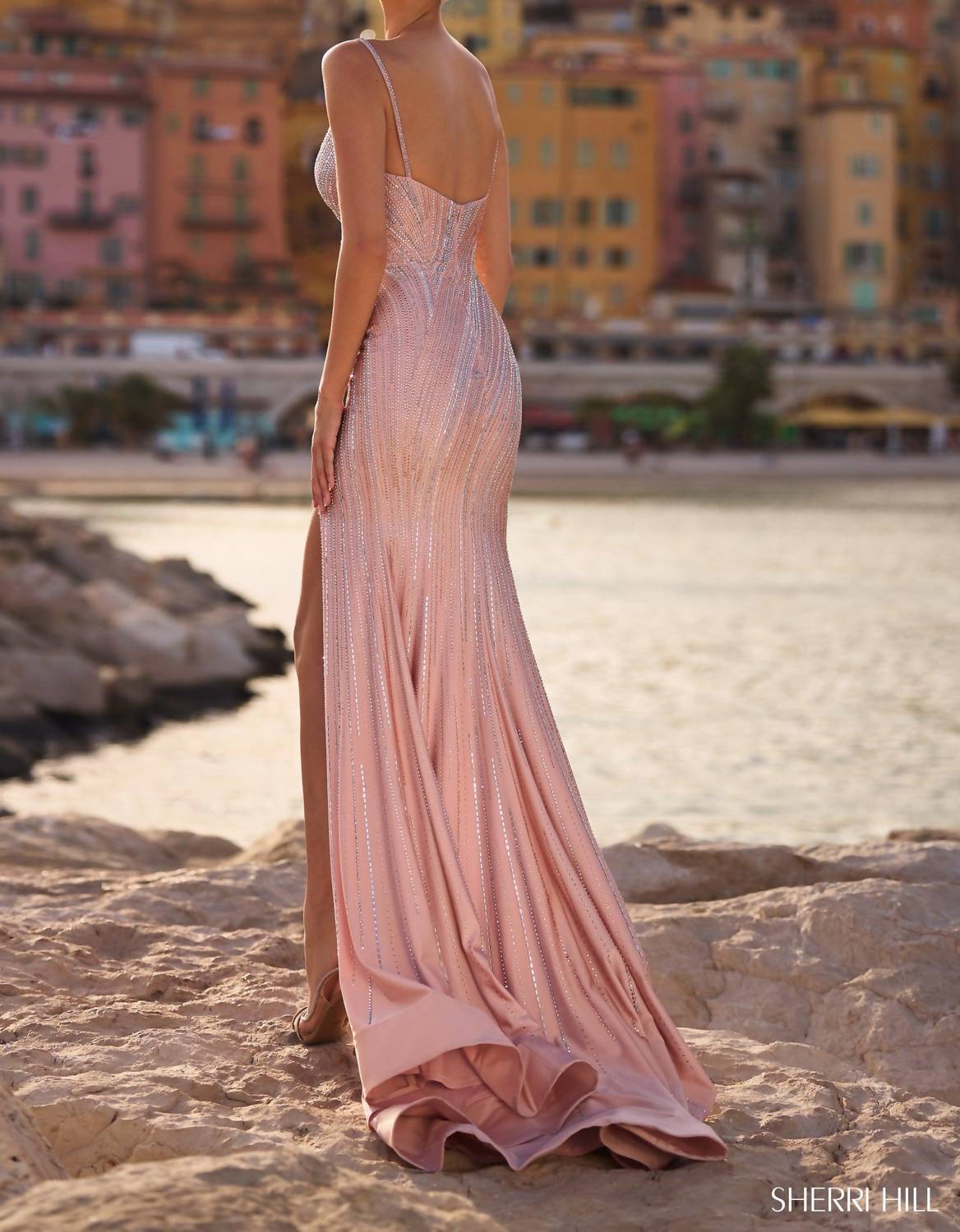 Sherri Hill Fitted Hot Fix Gown in champagne silver - women's dress - detail view