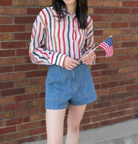 Q2 American Stripes Chiffon Button Down Blouse in red blue white - women's blouse