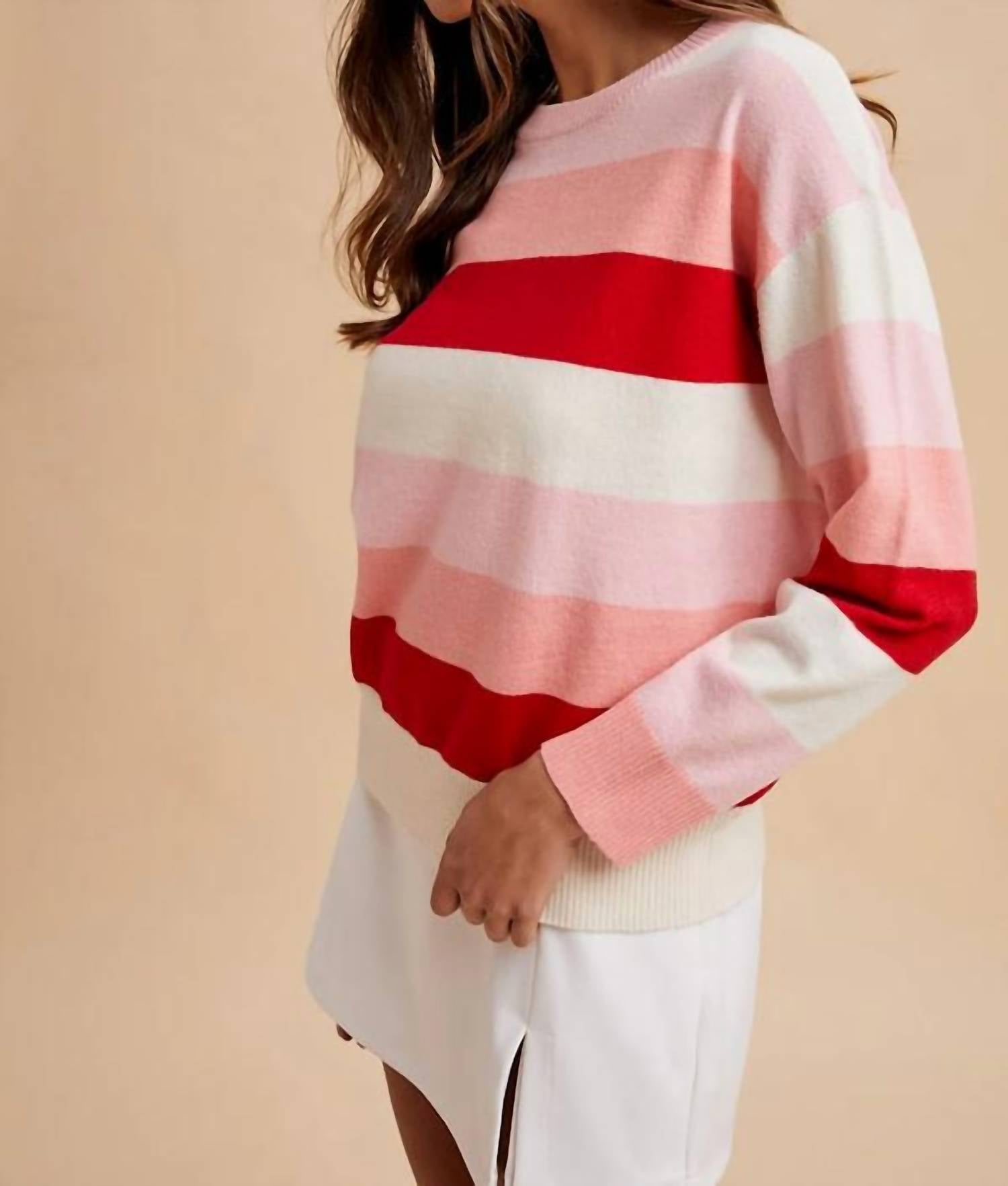 AnnieWear Valentine Color Block Stripe Sweater in pink stripe - women's sweater - detail view