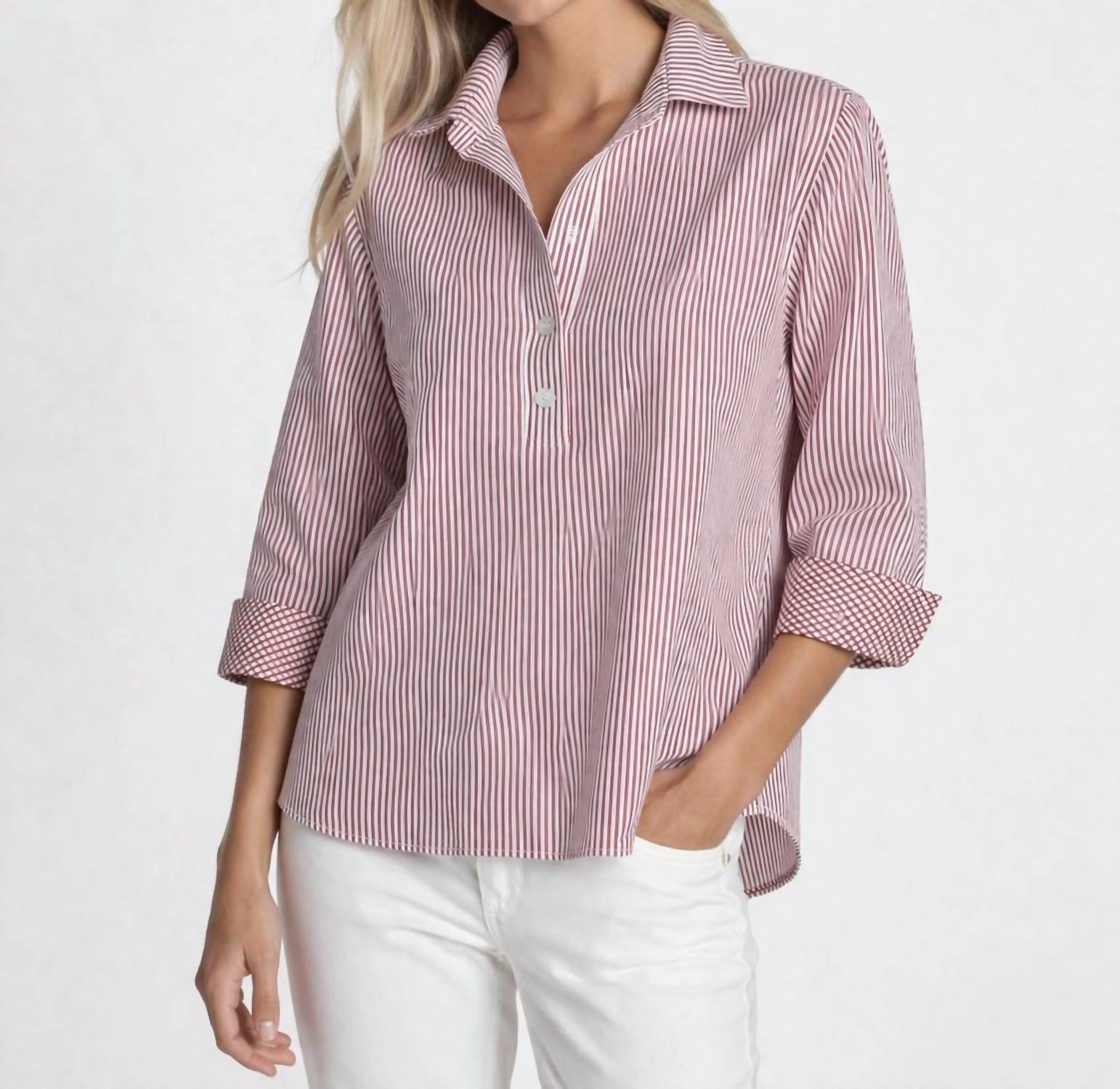 Hinson Wu Aileen 3/4 Sleeve Stripe Button Back Blouse in red - women's blouse