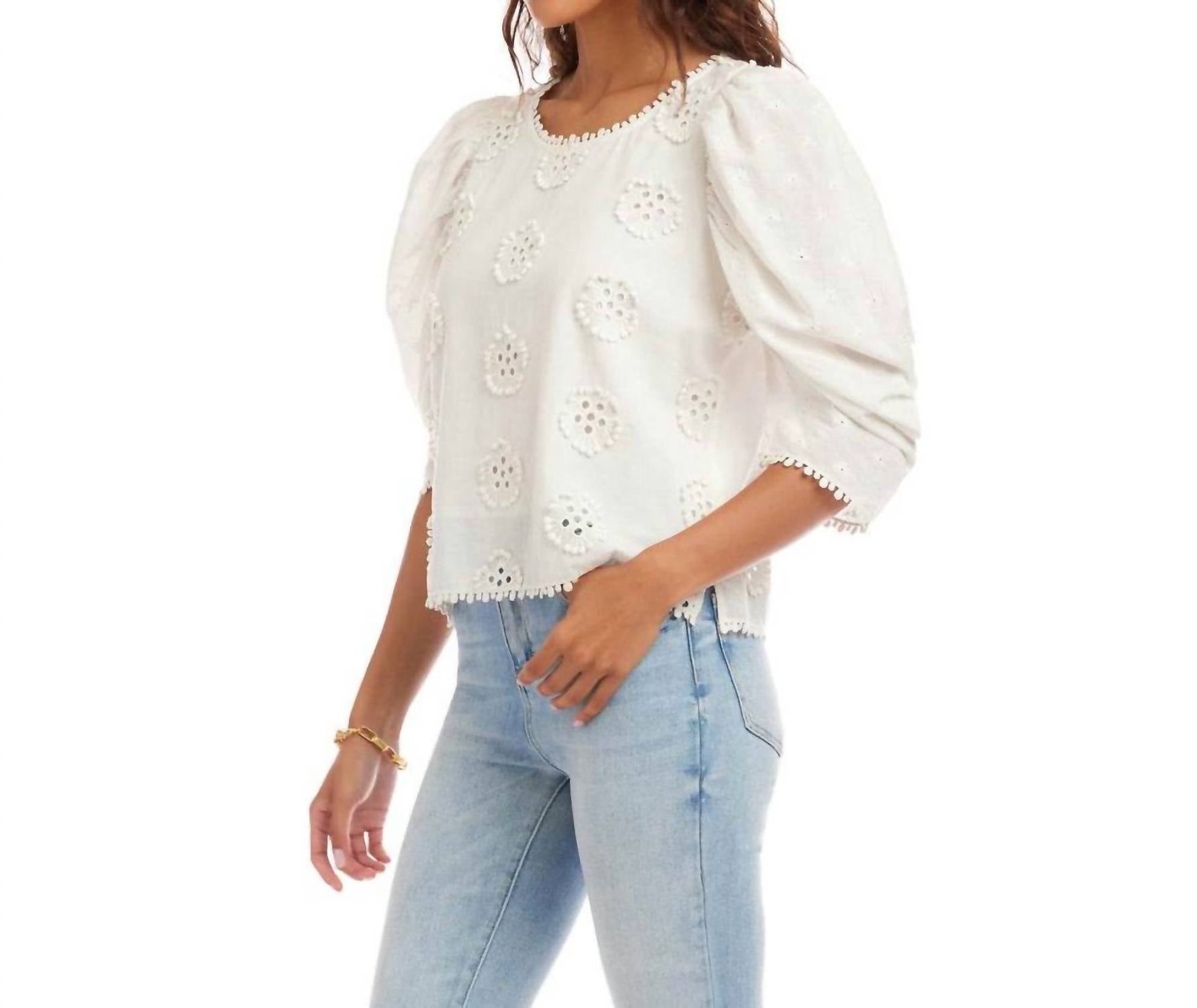 Karen Kane - Puff Sleeve Embroidered Top - Petite