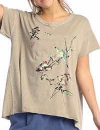 Jess & Jane Love Song Pigment Dyed Cotton Jersey Top in taupe - women's t-shirt - detail view