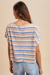 Anniewear - Tweed Texture Striped Crop Knit Top