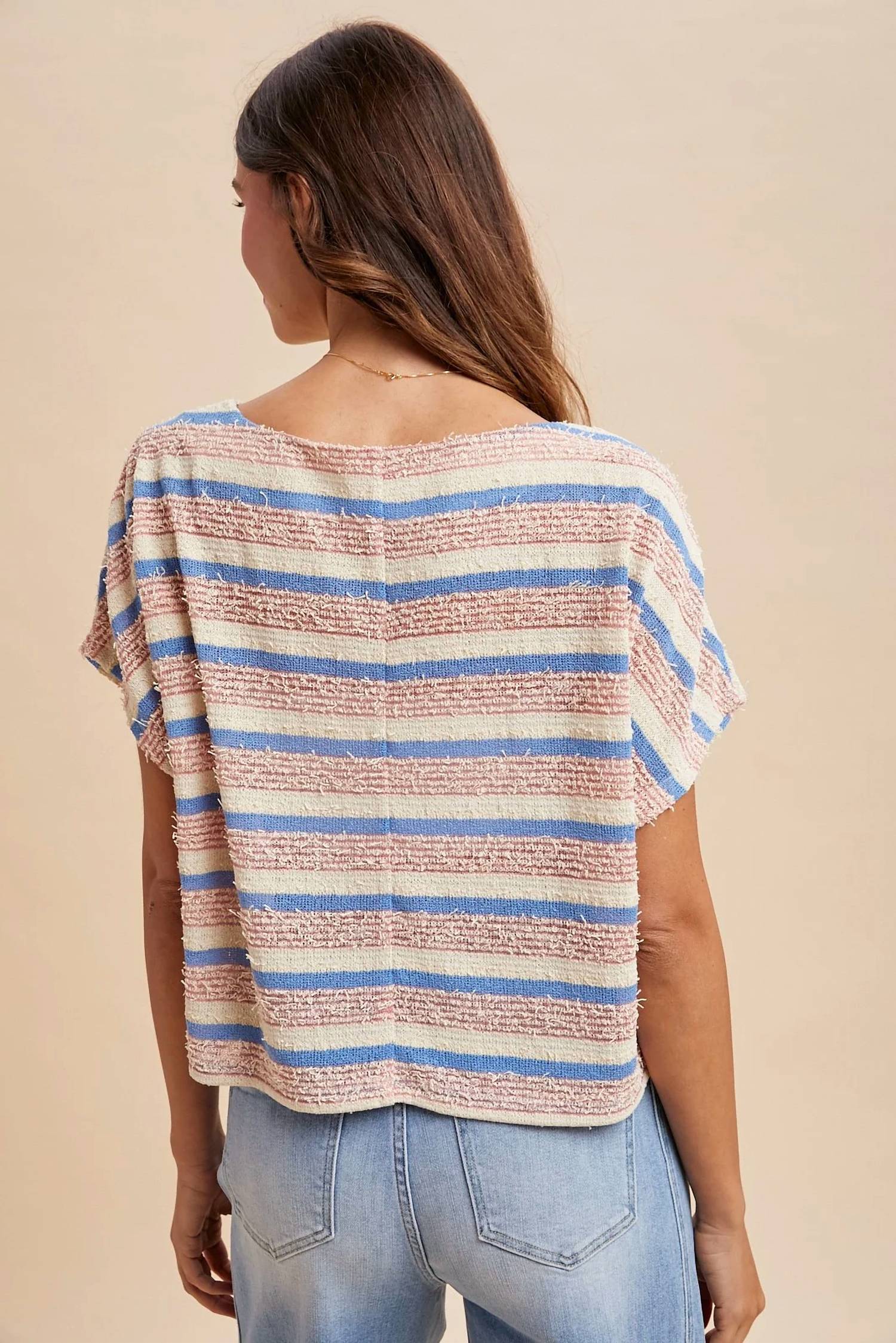 Anniewear - Tweed Texture Striped Crop Knit Top