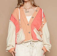 Pol - Mixed Fabric Hooded Button Down Shacket