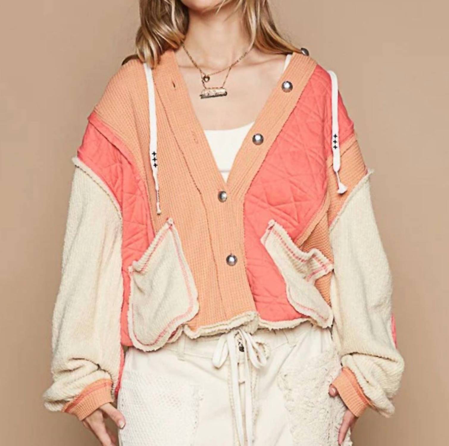 Pol - Mixed Fabric Hooded Button Down Shacket