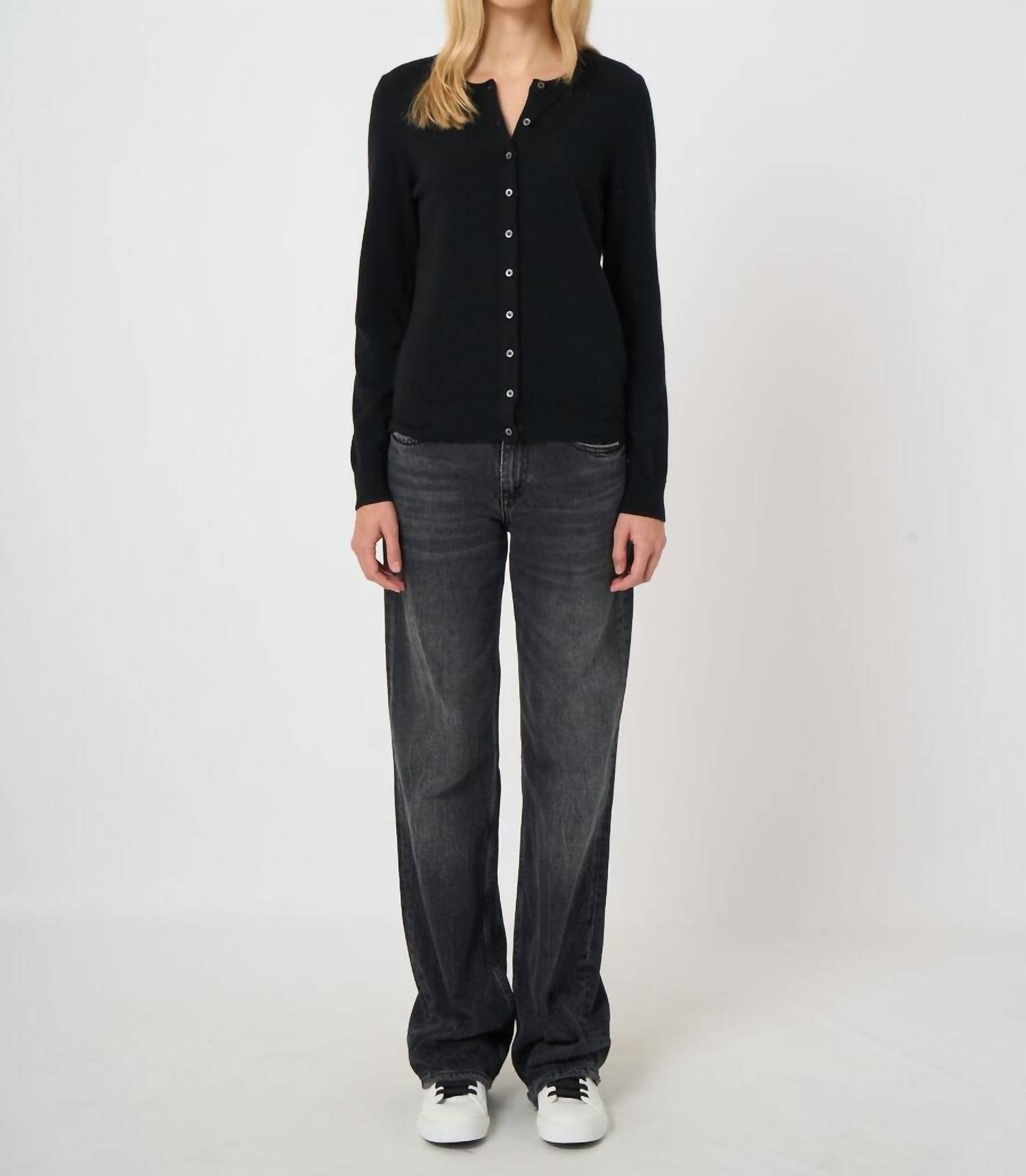 REPEAT cashmere Classic Crew Neck Cashmere Cardigan in black - women's cardigan - detail view