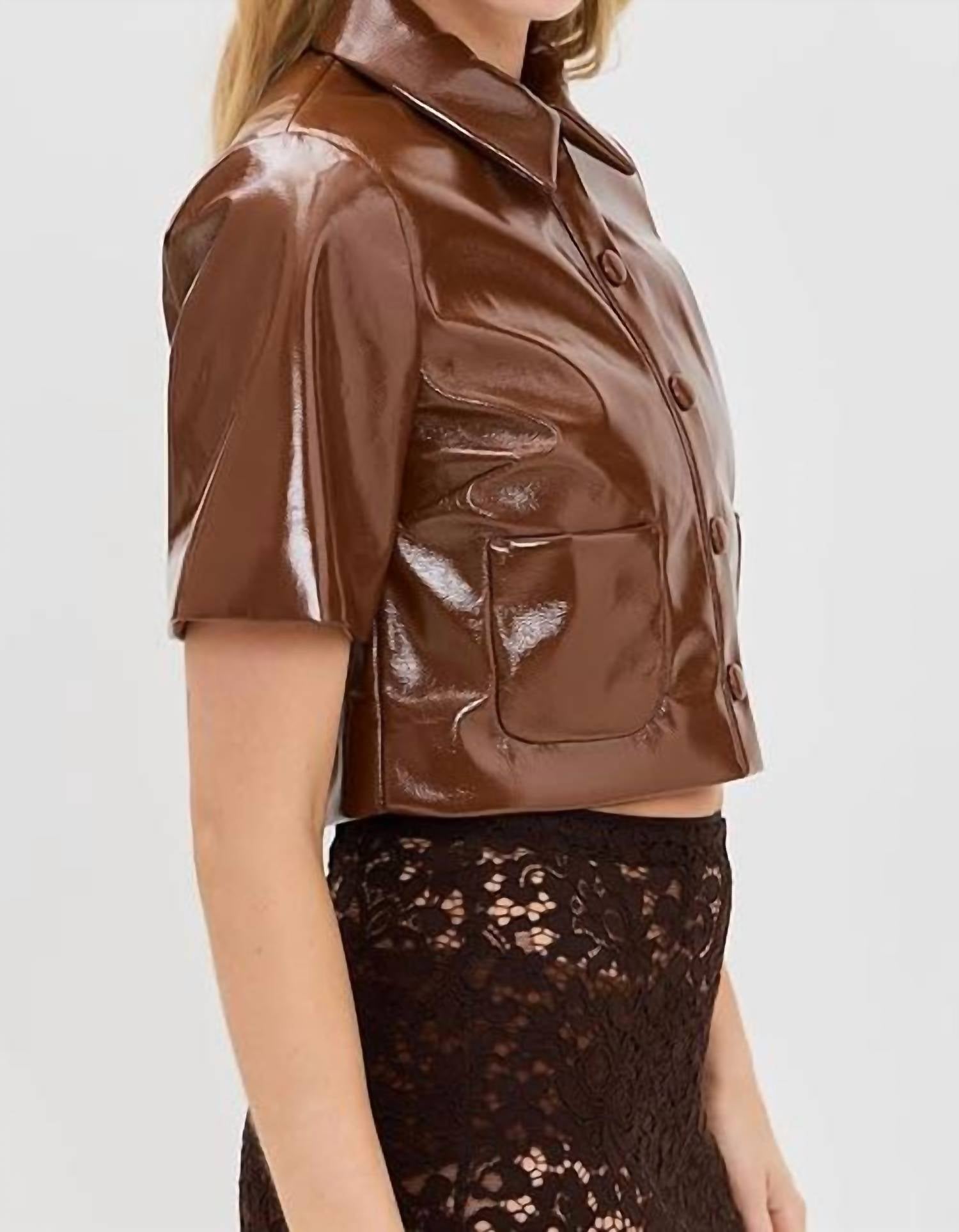 BAUM UND PFERDGARTEN Beth Faux Leather Cropped Jacket in sorrel brown horse - women's jacket - detail view