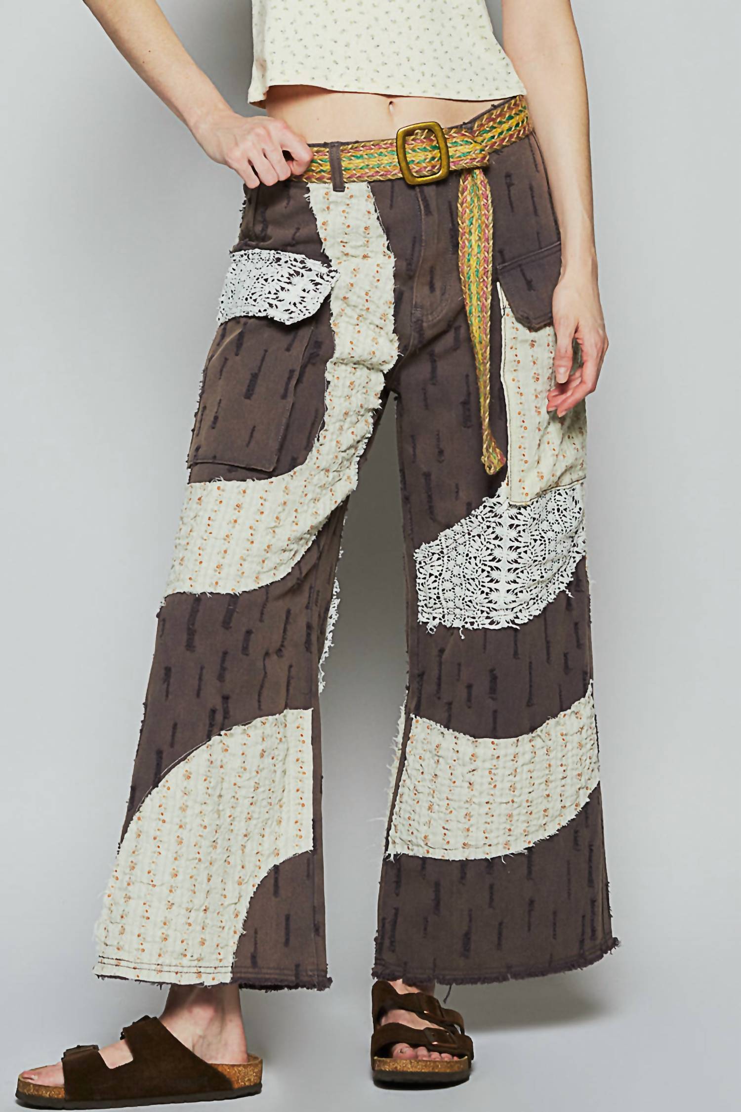 POL Wavy Patchwork Printed Denim Pants in gray - women's jeans - detail view