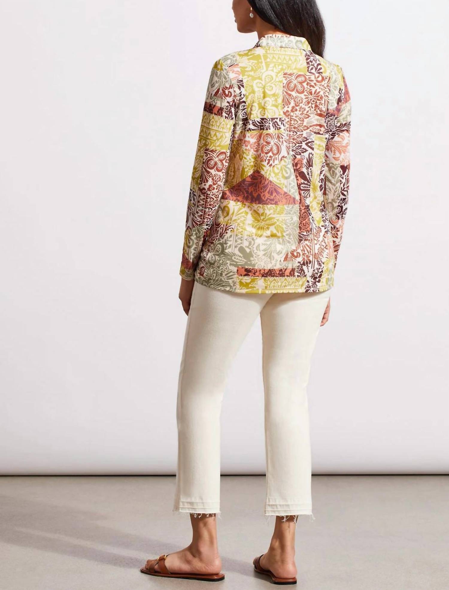 TRIBAL Verity V-neck Collared Long Sleeve Top in cactus - women's blouse - detail view