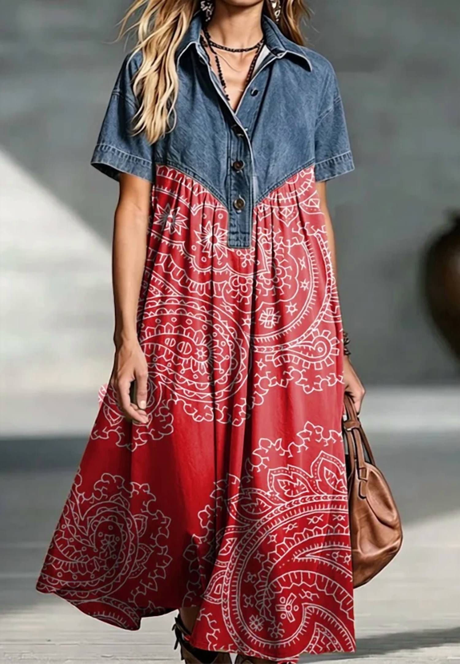 Vovalin - Bohemian Patchwork Paisley Print Cotton Dress