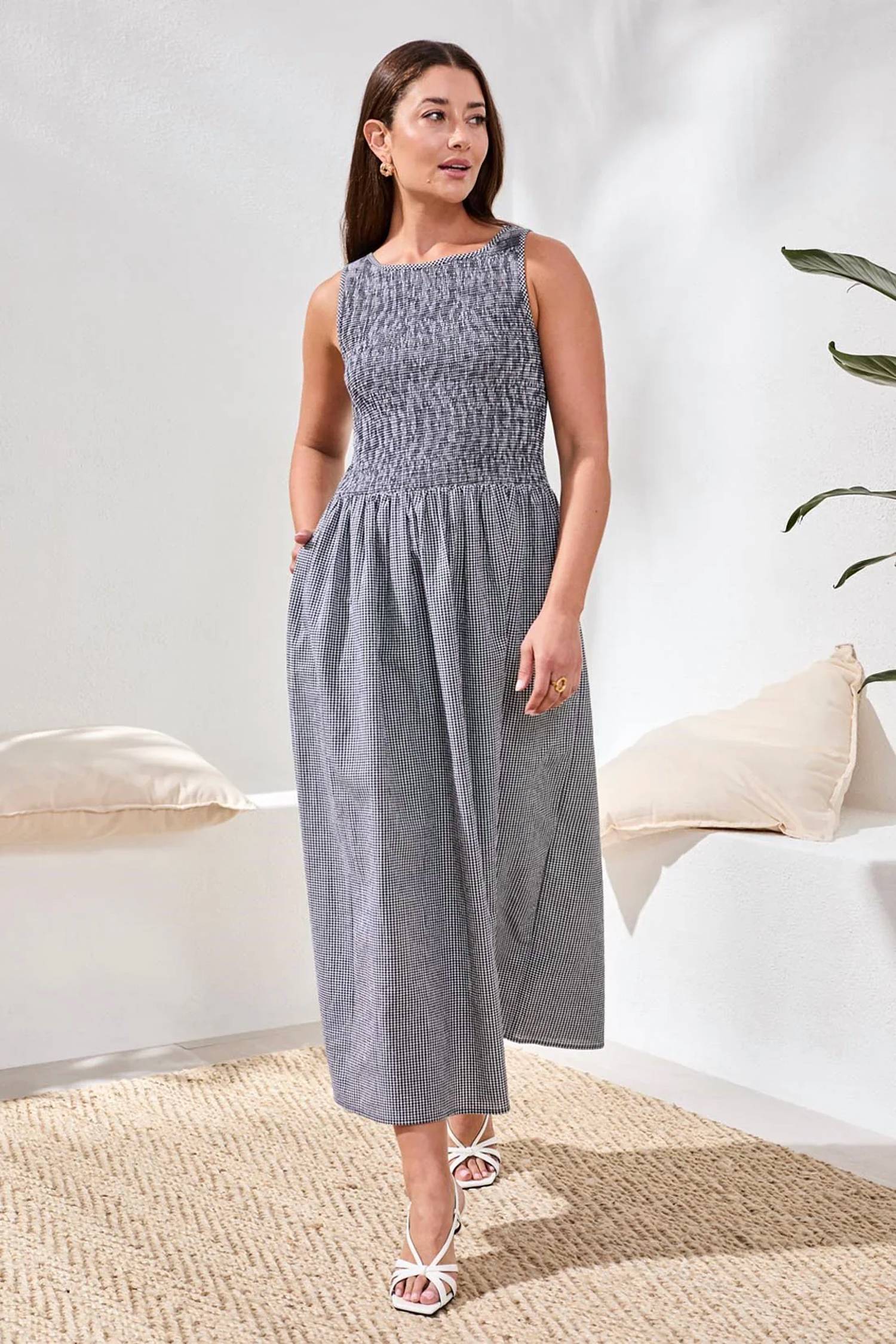 Tribal - Gingham Smocked Bodice Maxi Dress