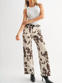 JUST BLACK DENIM Cow Print Wide Leg Jeans - women's pants