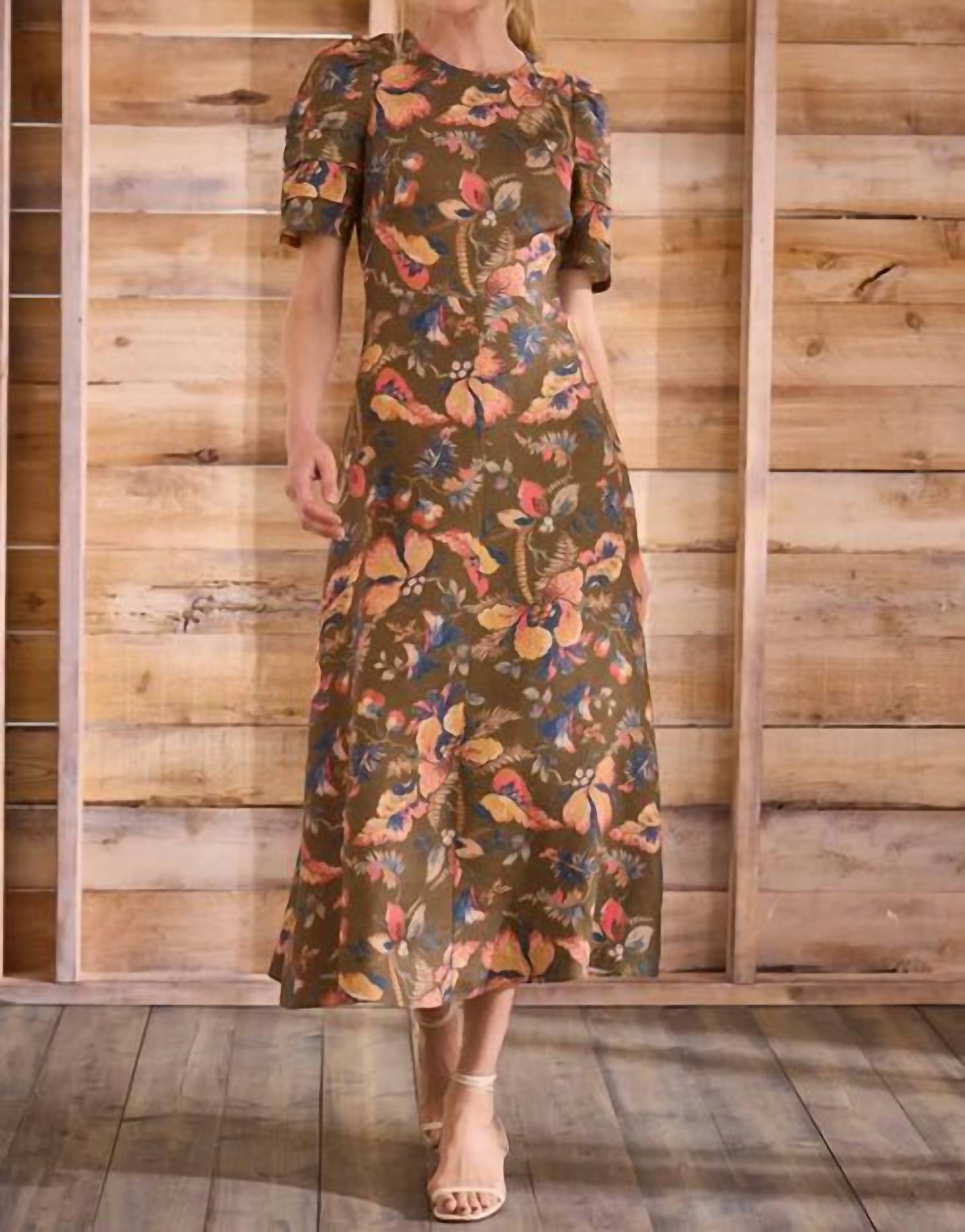 HUNTER BELL Casey Short Sleeve Midi Dress in olive floral - women's dress