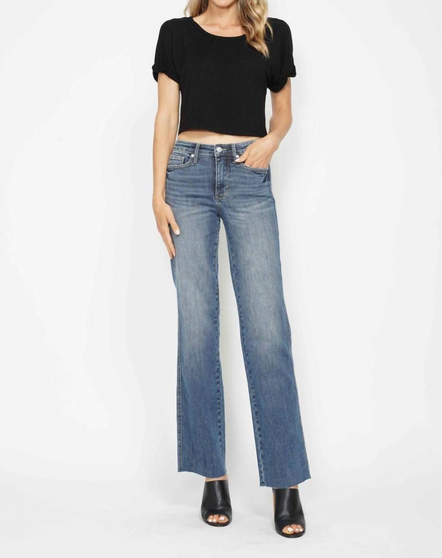 Judy Blue Mid Rise Tummy Control Vintage Straight Jeans in mid blue - women's jeans - view 5