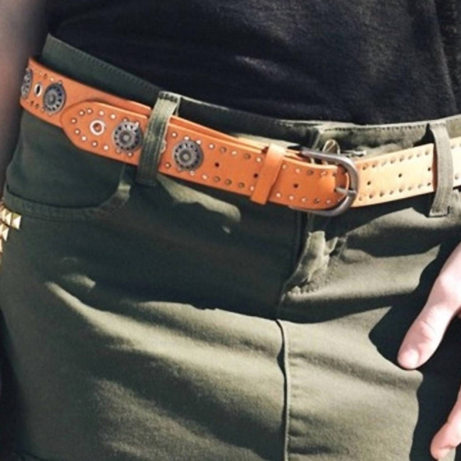 LETO Concho Studded Vegan Leather Western Belt in camel brown - women's accessory