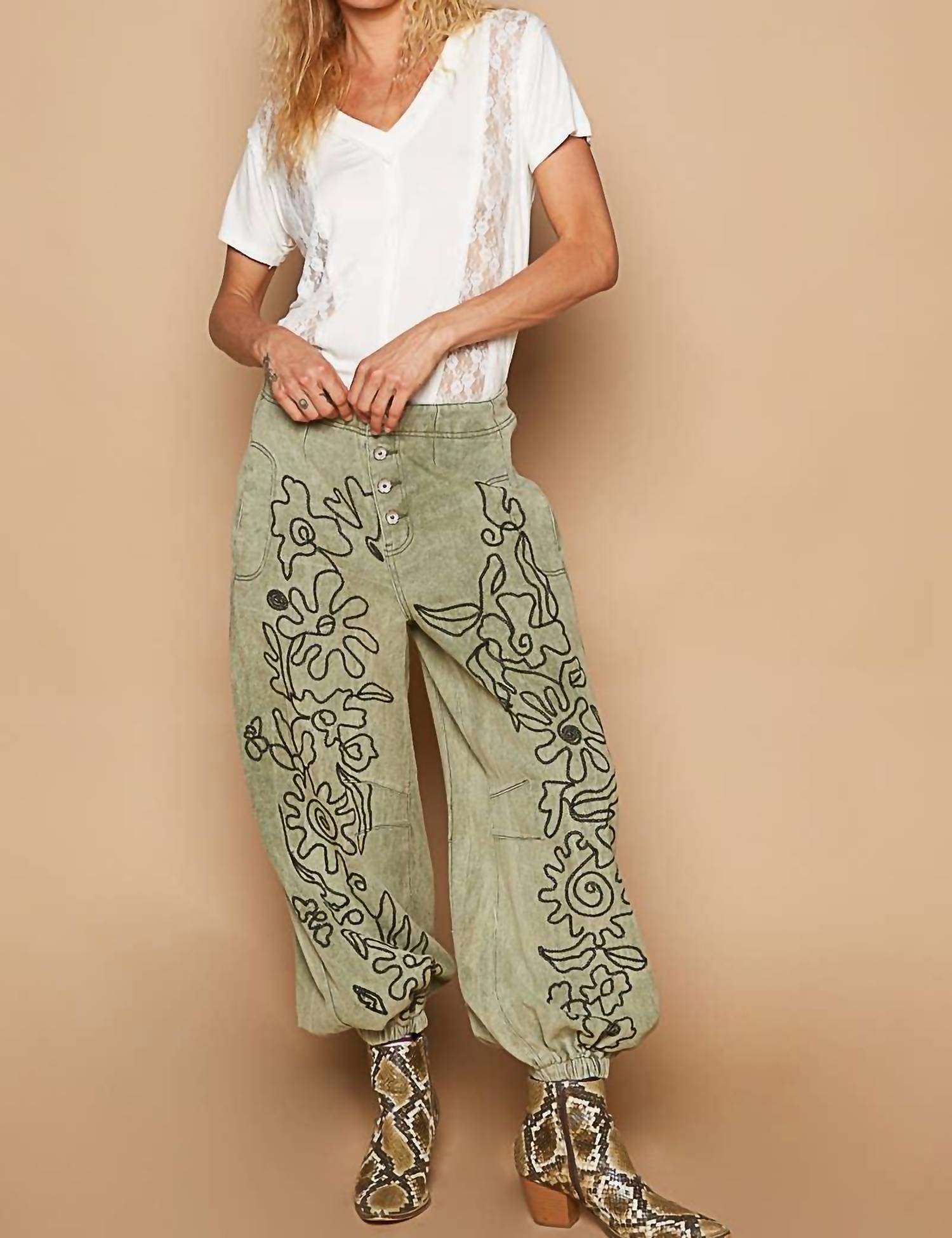 Pol - Floral Embroidered Twill Pants