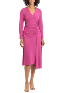 Maggy London - Waist Gather Long Sleeve Midi A-line Dress