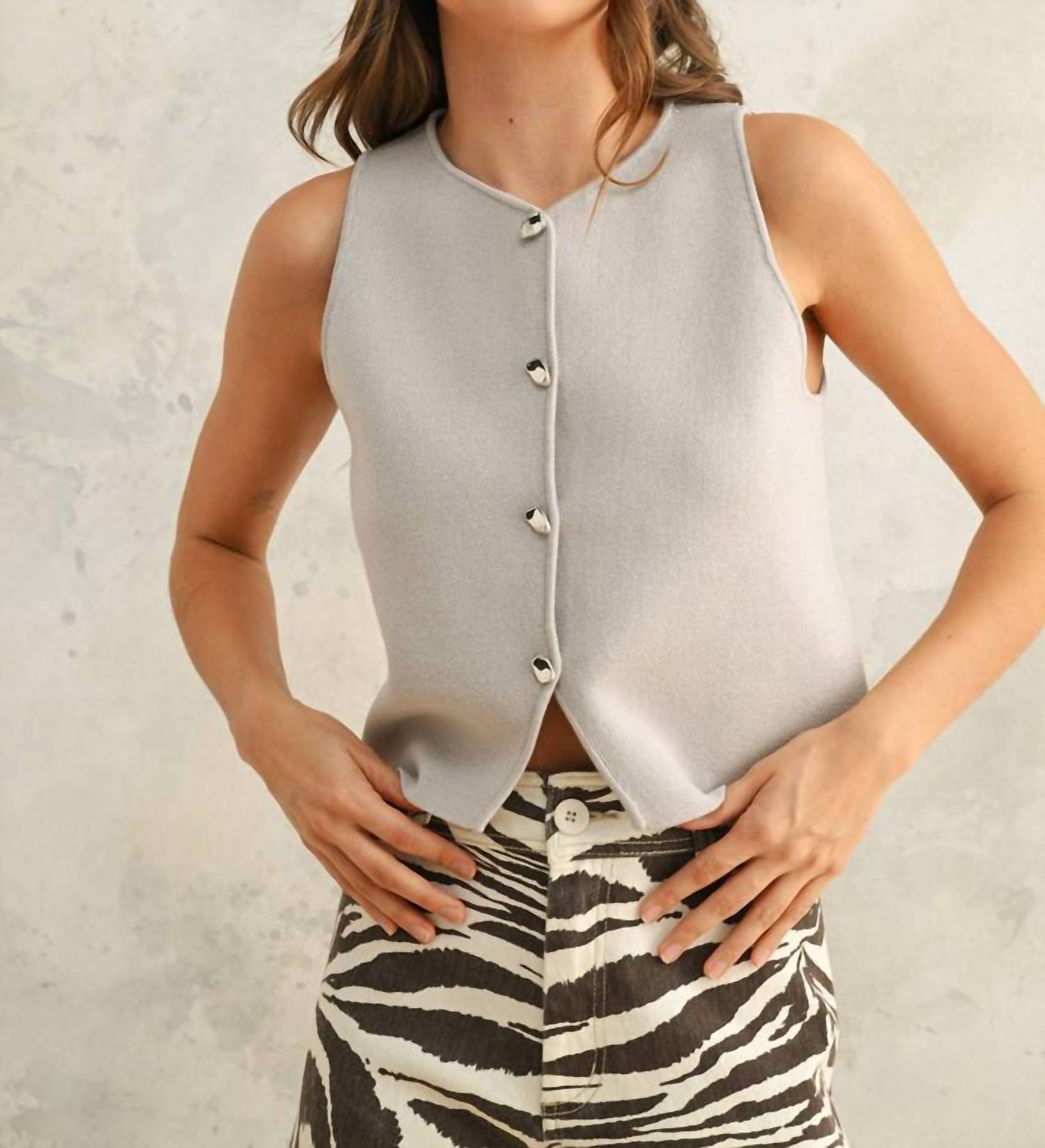 MIOU MUSE Metal Button Down Detail Vest in misty grey - women's tank top
