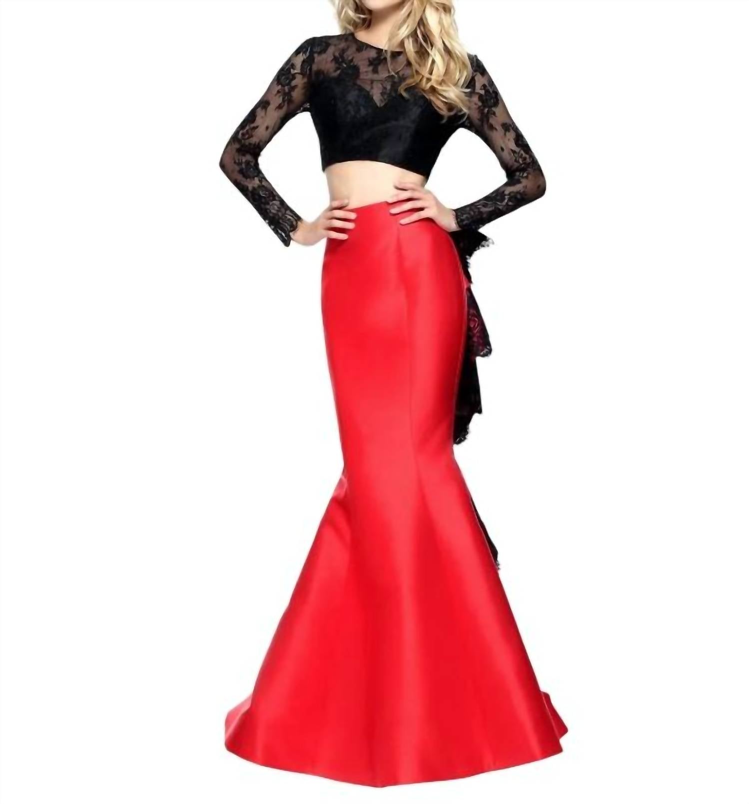 Sherri Hill Mermaid Lace Two Piece Gown in black red - women's dress - detail view