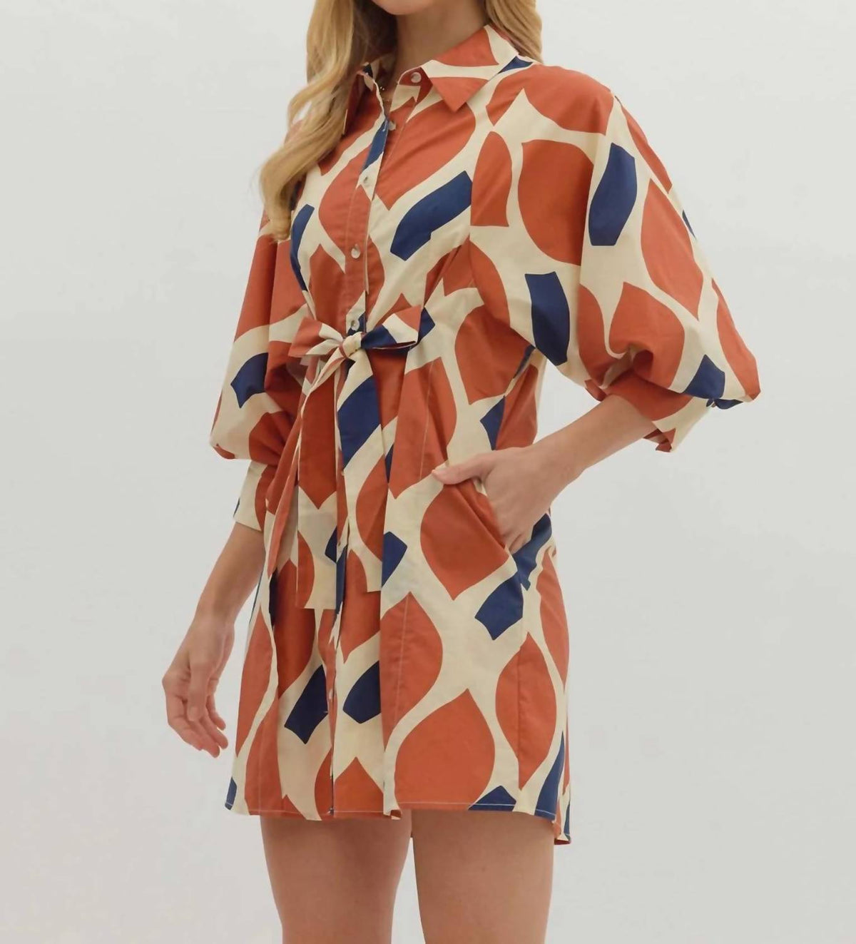 Entro - Women's Abstract Print Self Tie Shirt Dress