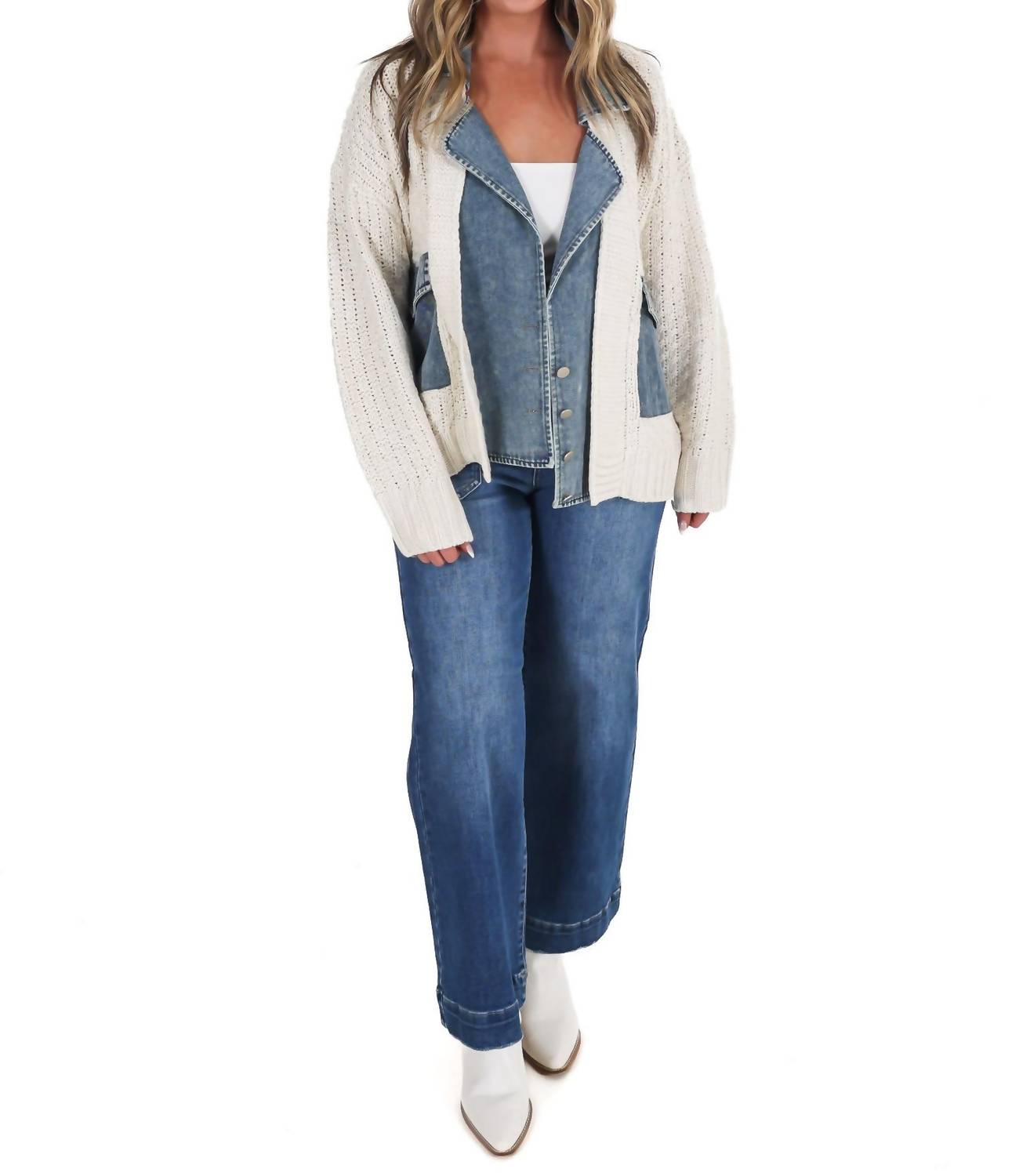 Blu Pepper - Mixed Media Cable Knit Denim Trim Jacket
