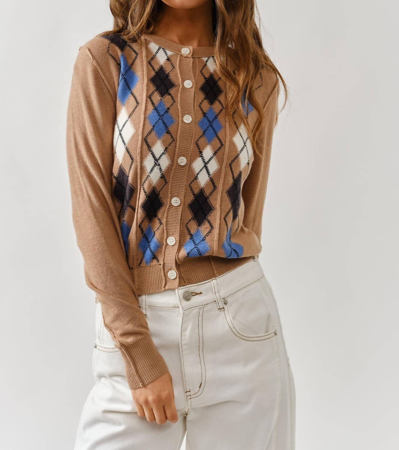 Aaron & Amber - Allie Relaxed Fit Argyle Sweater Cardigan