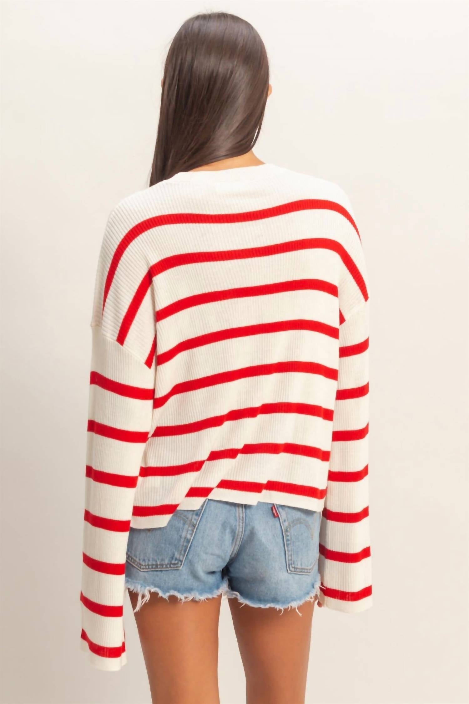 Double Zero Wide Sleeve Striped Sweater in red - women's sweater - alternate view