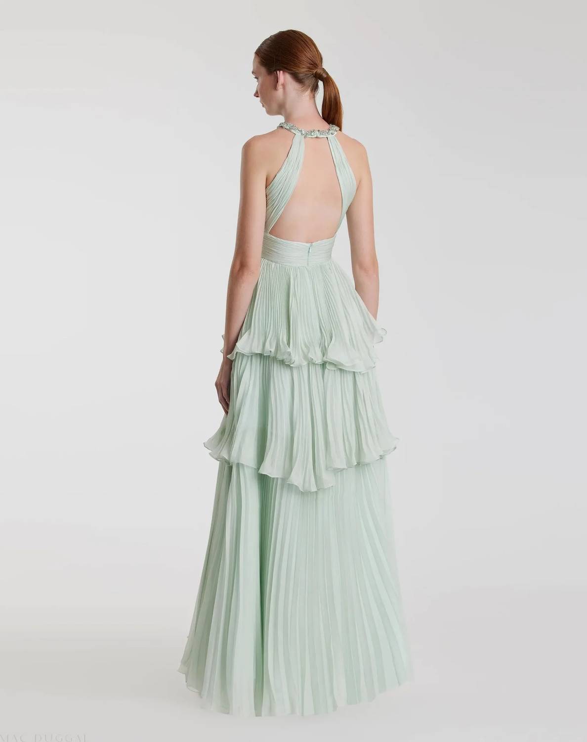 Mac Duggal - High Neck Chiffon Tiered Gown with Cut Out