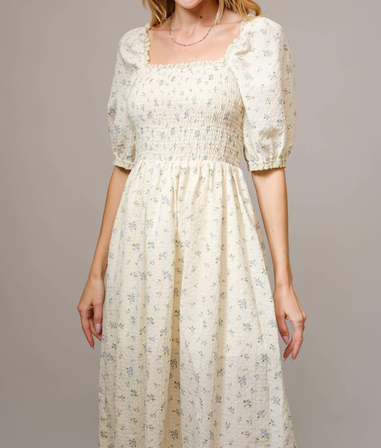 Blue B - Ditsy Floral Smocked Square Neck Midi Dress