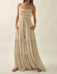 PROMESA Geometric Print Ruched Wide-leg Tiered Ruffle Jumpsuit in oatmeal - women's pants - detail view