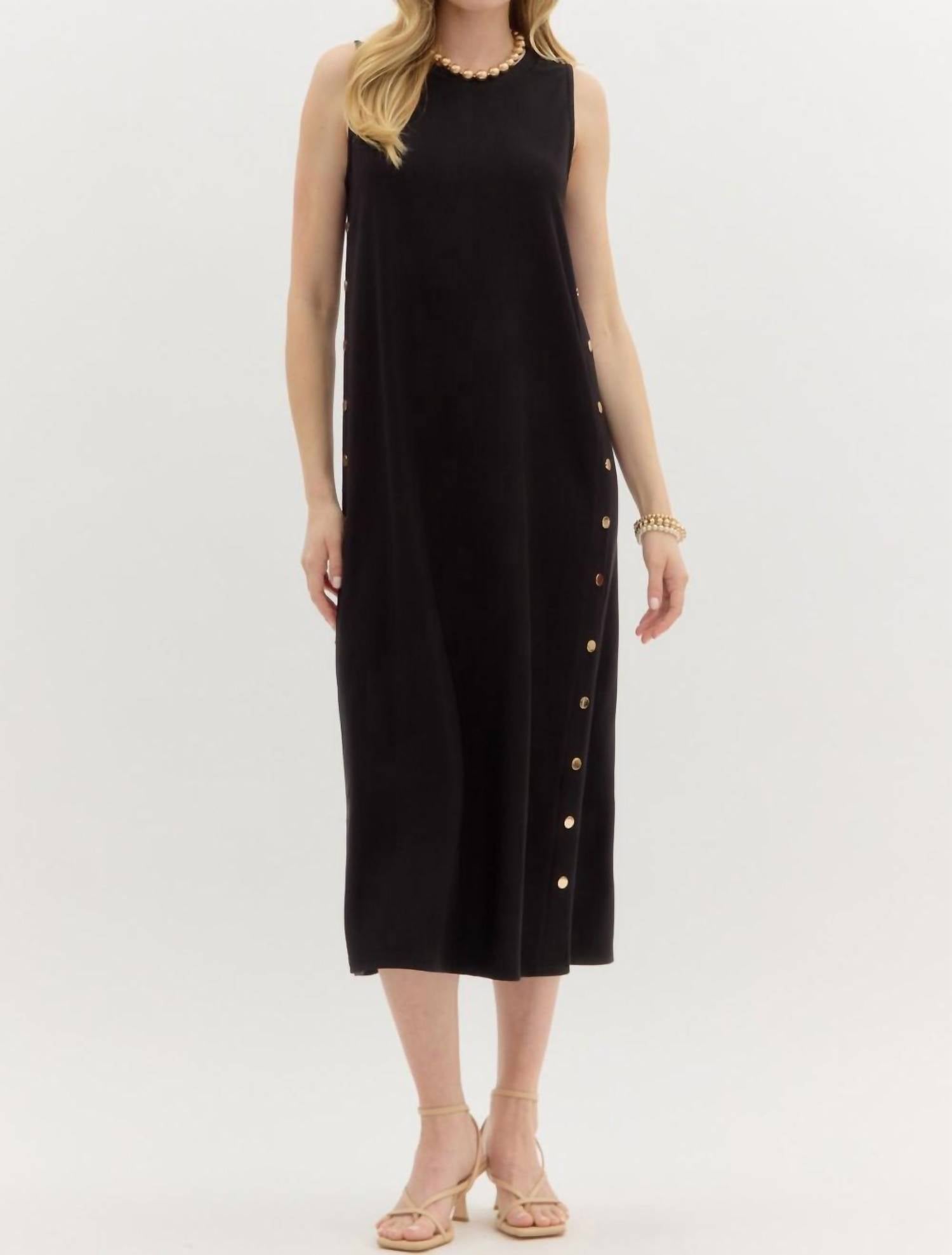 Entro - Solid Rib Textured Black Midi Dress
