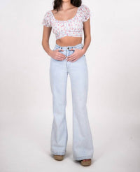 Katie J NYC Chase Floral Puff Sleeve Top in petunia stripe - women's shirt - detail view