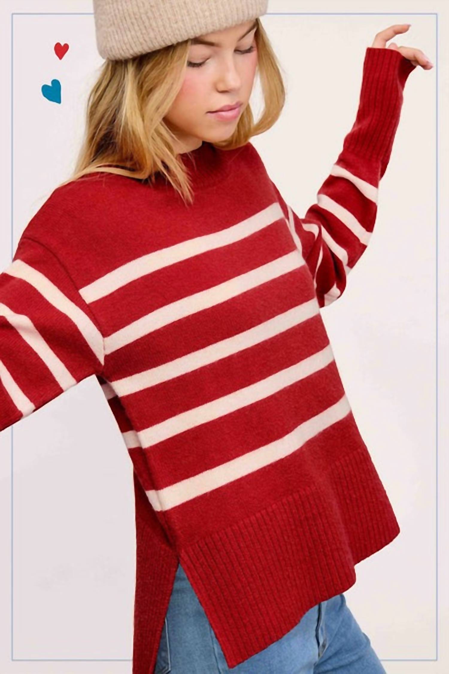 La Miel - Super Soft Striped Mock Neck Loose Fit Sweater