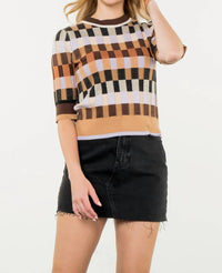 THML Autumn Textured Knit Sweater Top in brown multi - women's sweater