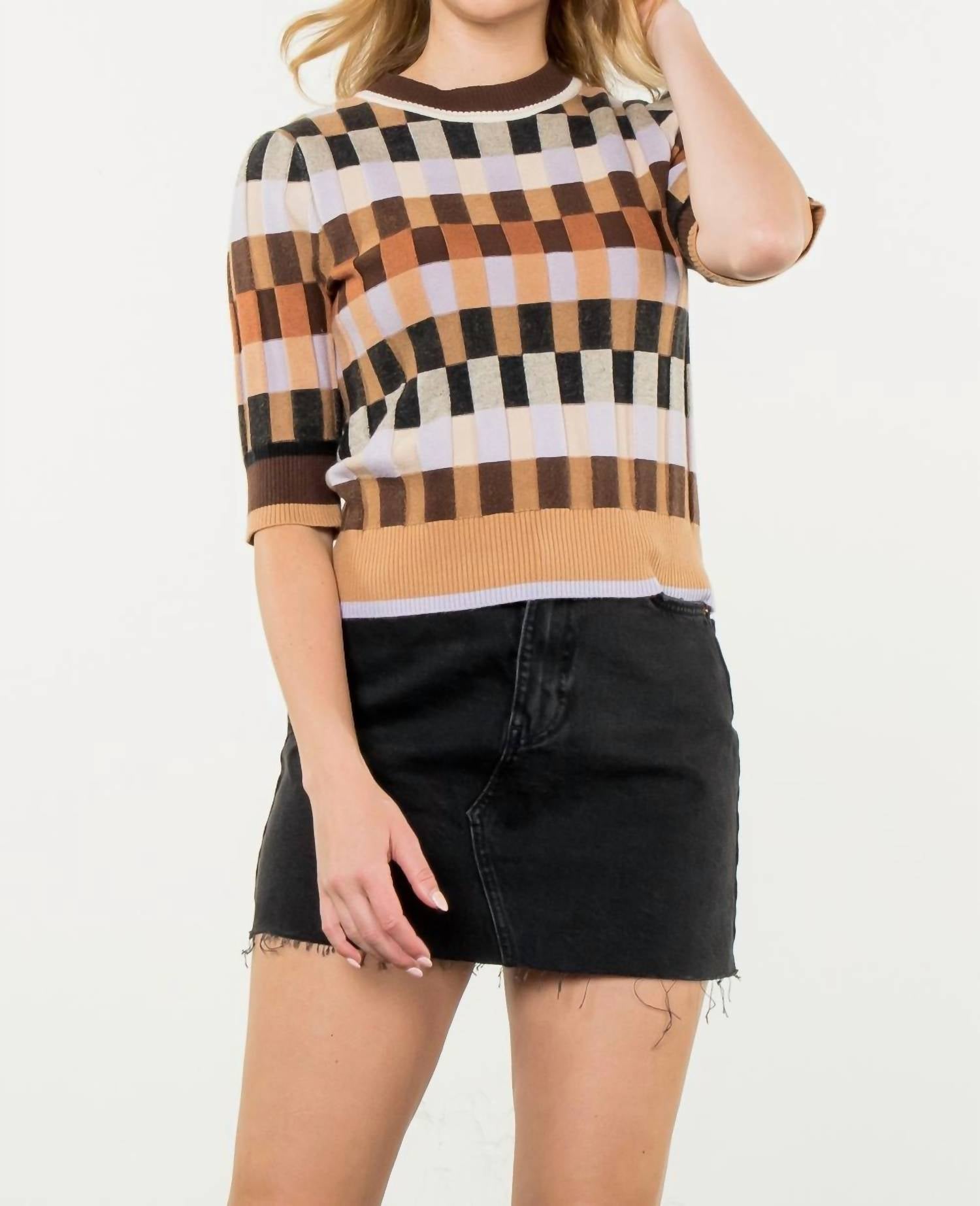 THML Autumn Textured Knit Sweater Top in brown multi - women's sweater