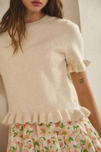 Creamon Ave Ruffle Wave Hem Knit Sweater in beige - women's sweater - view 4