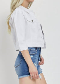 RISEN Shirring Sleeve Cropped Denim Jacket in white - women's jacket - alternate view